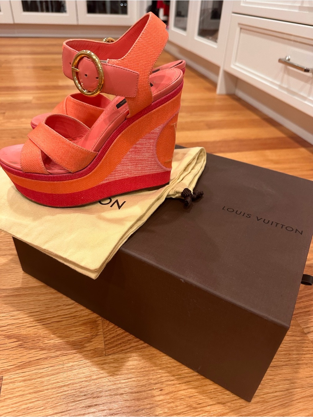 Louis Vuitton Orange Coral Ombre Canvas Wedges